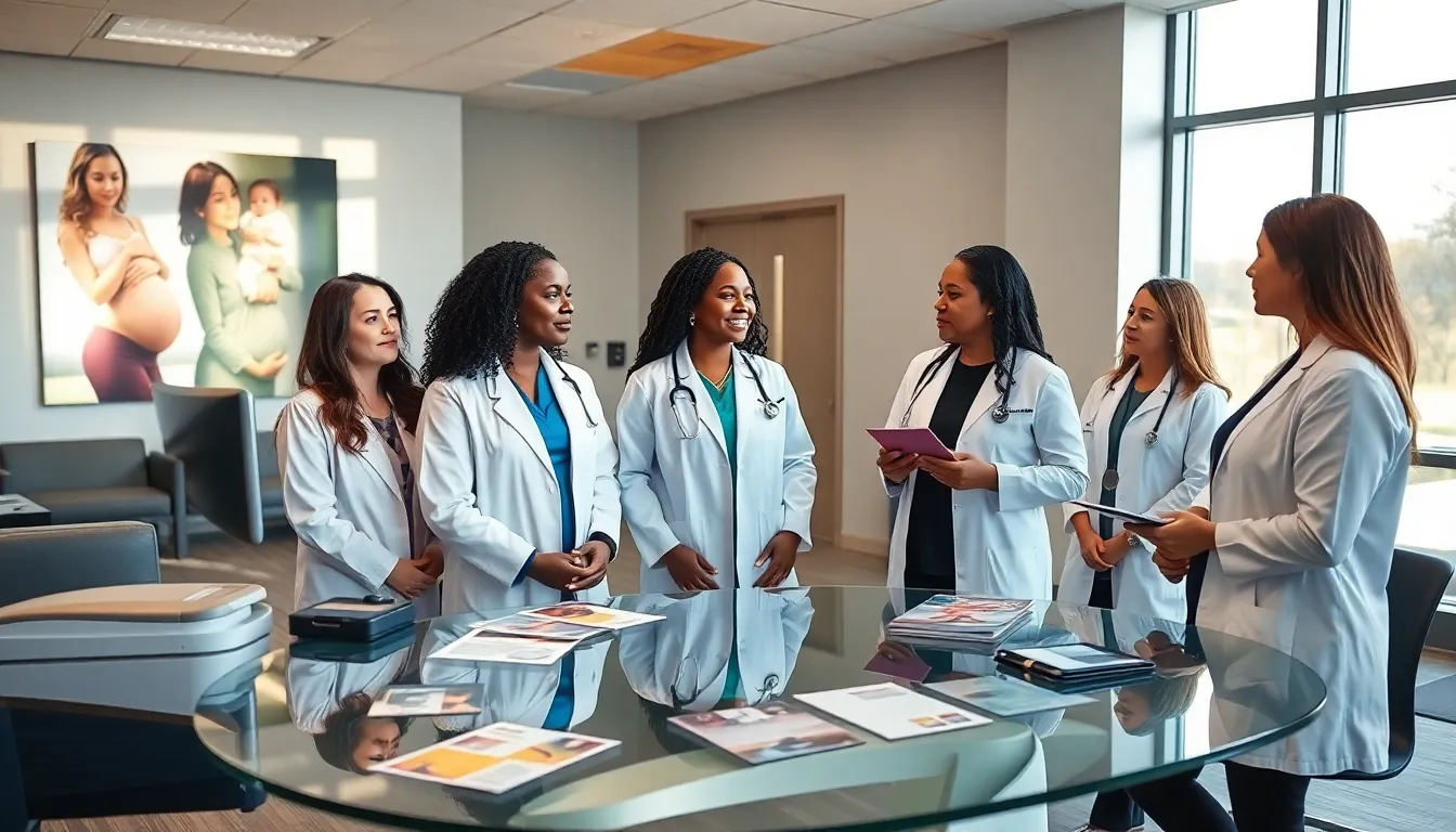 diverse healthcare professionals discussing women’s health services in a modern office.